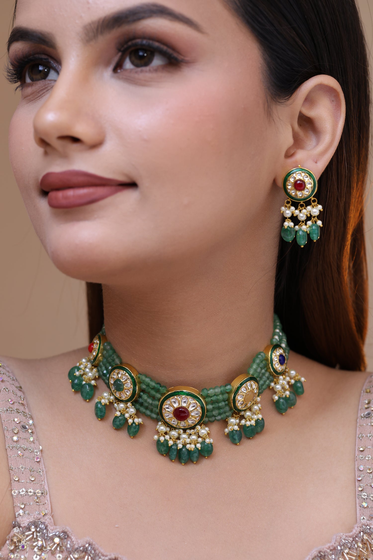 Natural Diamond Polki Emerald Bead Choker Necklace Set in 18K Hallmarked Gold