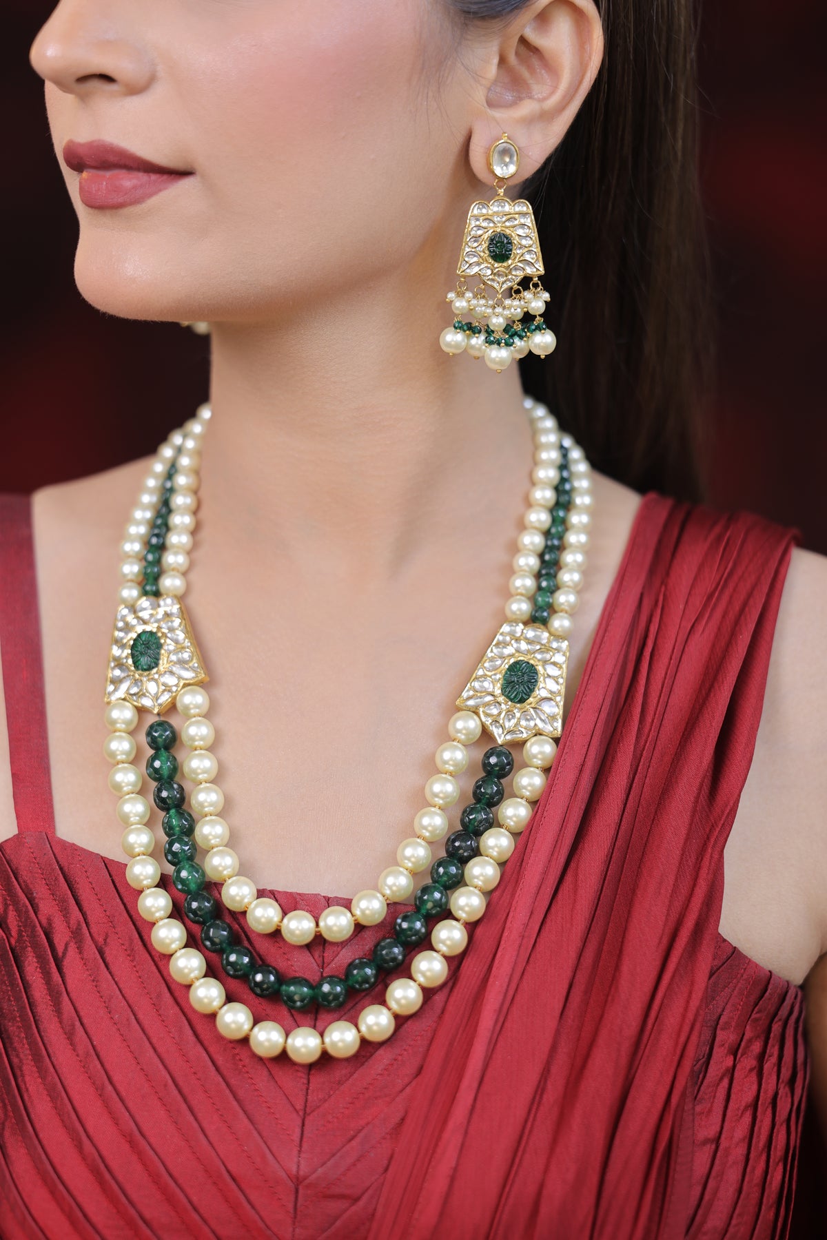 Gulbahar Natural Diamond Polki Pearl & Green Bead Necklace Set in 18K Gold