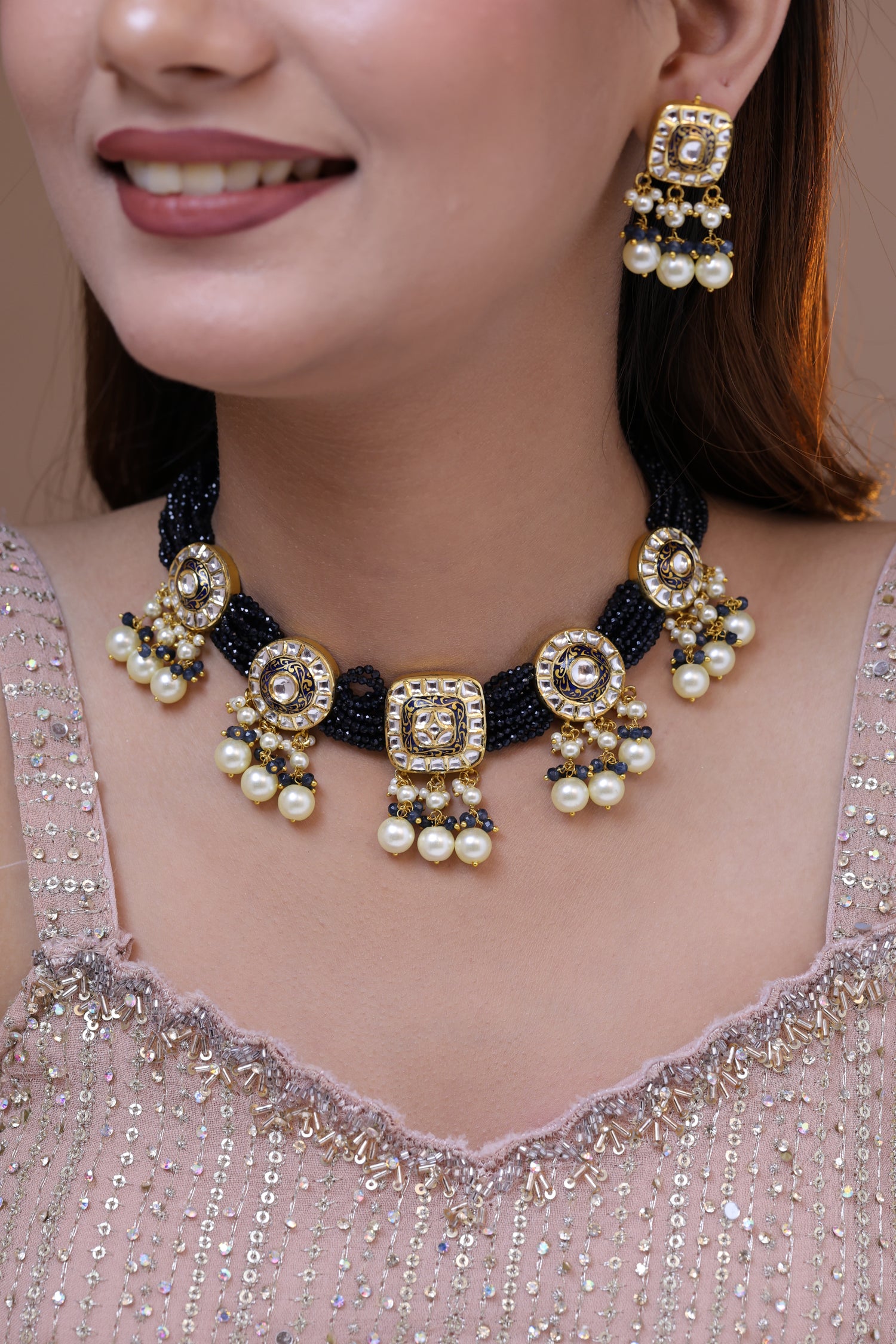 Shyamtara Natural Diamond Polki Blue Bead Statement Necklace Set With Pearl Drops in 18K Gold
