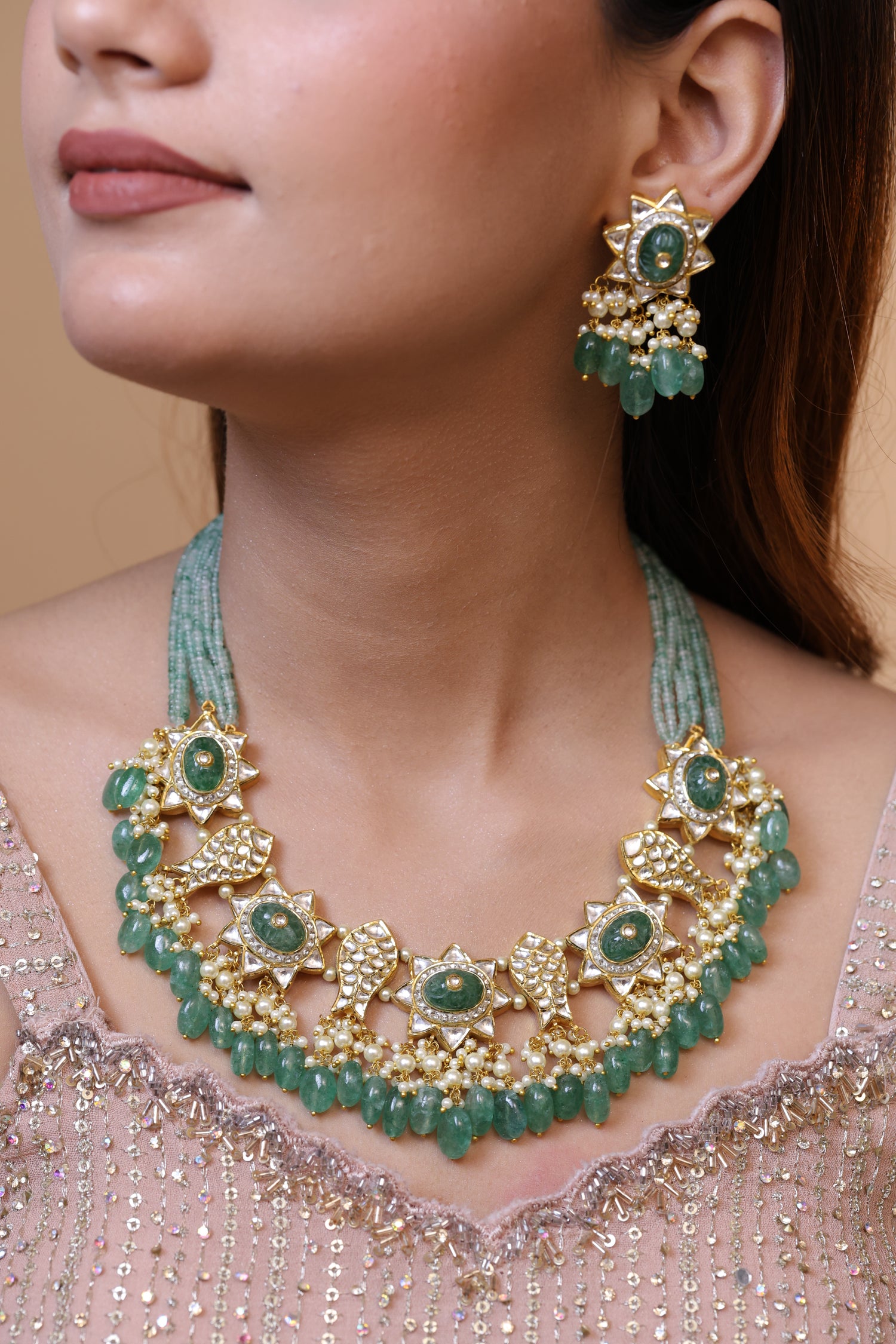 Natural Diamond Polki Necklace Set in 18 Karat Gold
