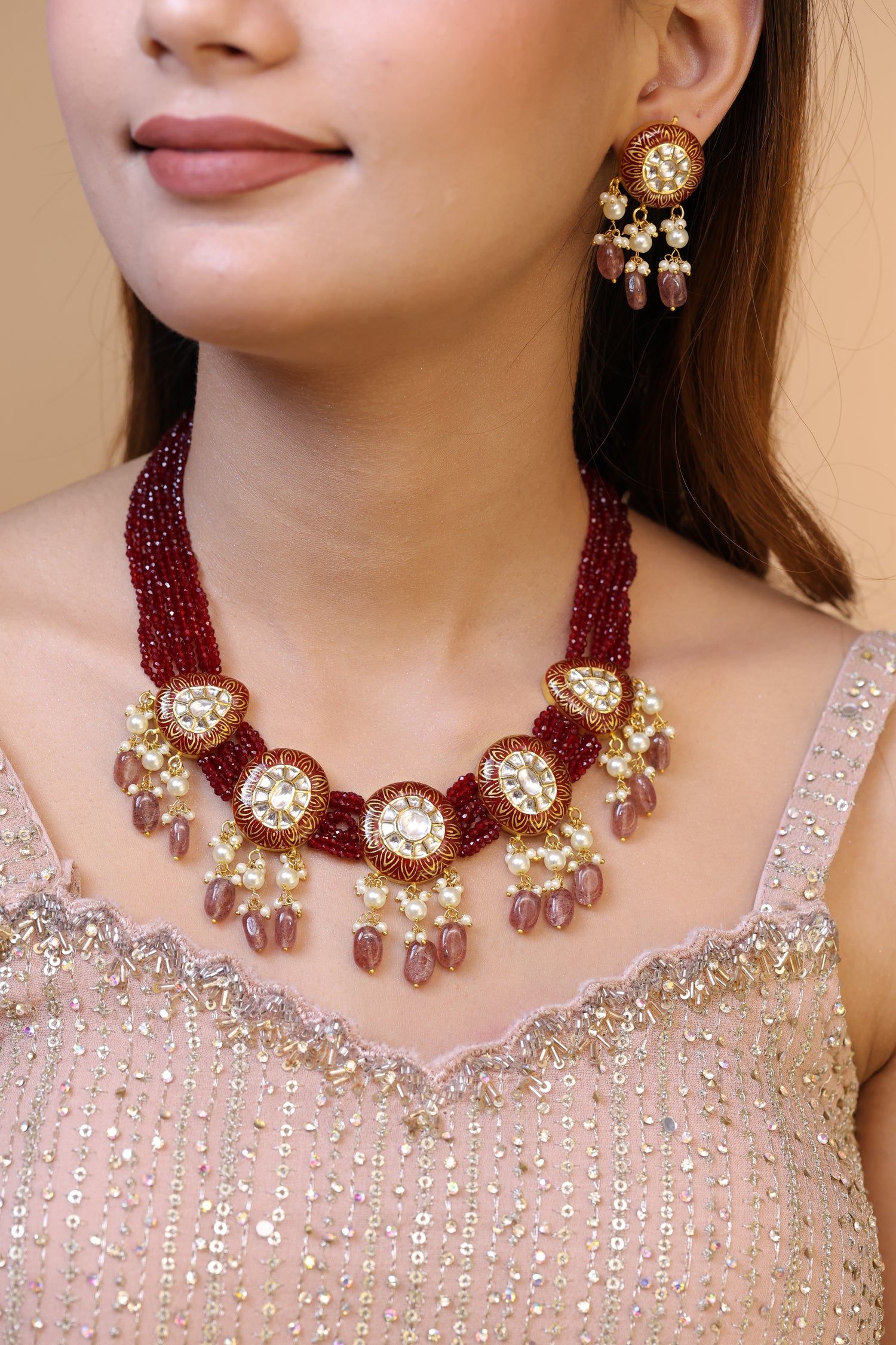 Rangmahal Natural Diamond Polki Burgundy Bead Statement Necklace Set With Pearl & Ruby Bead Drops in 18K Gold