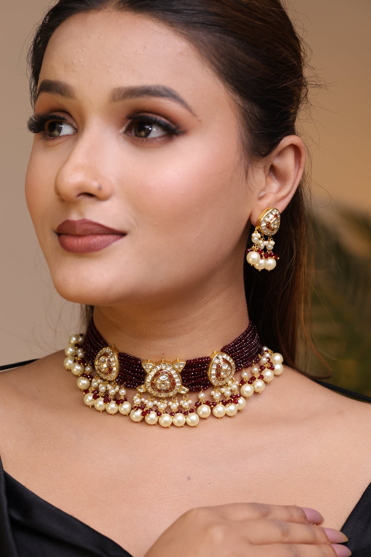 Wine Pearl Polki Set