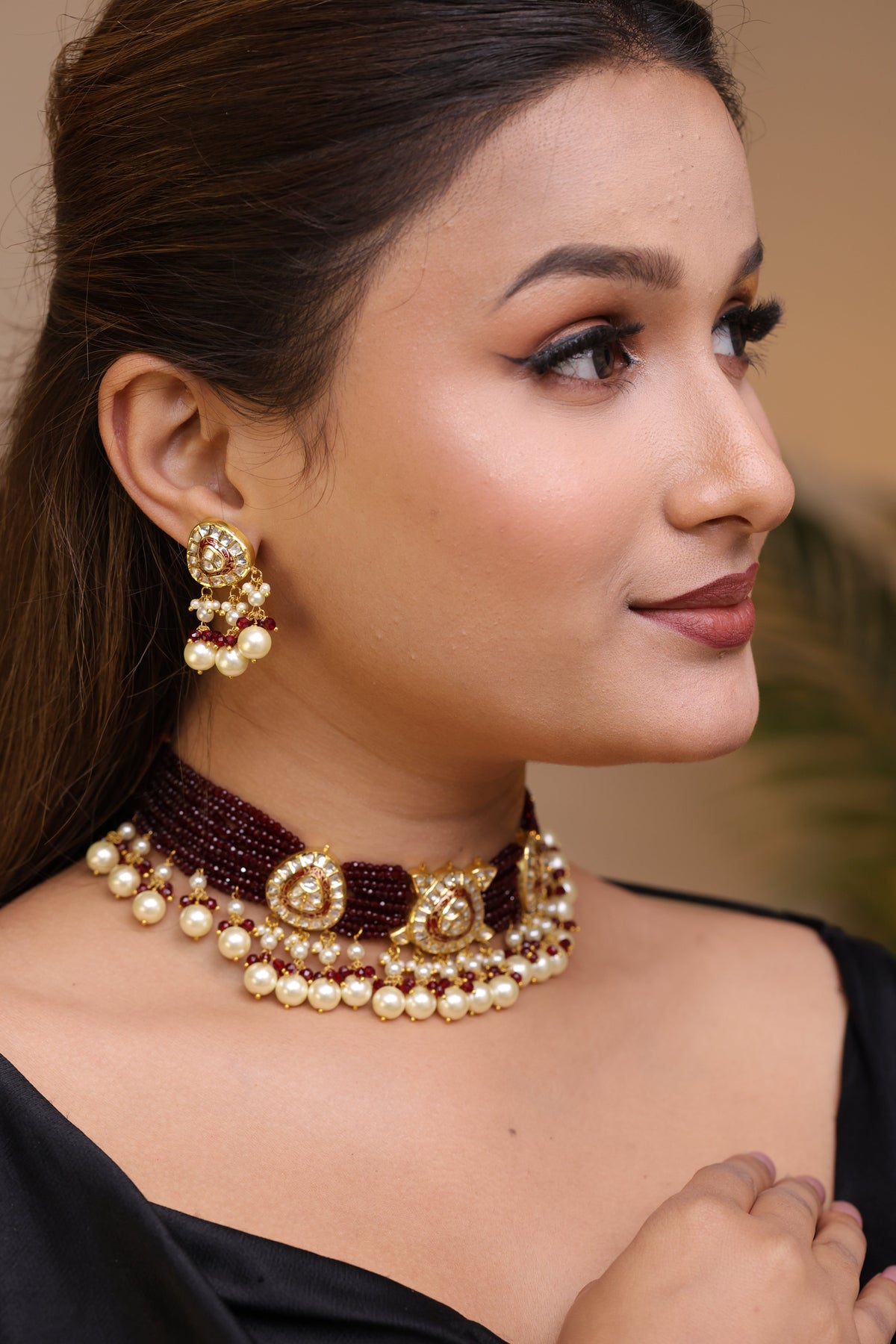 Wine Pearl Polki Set