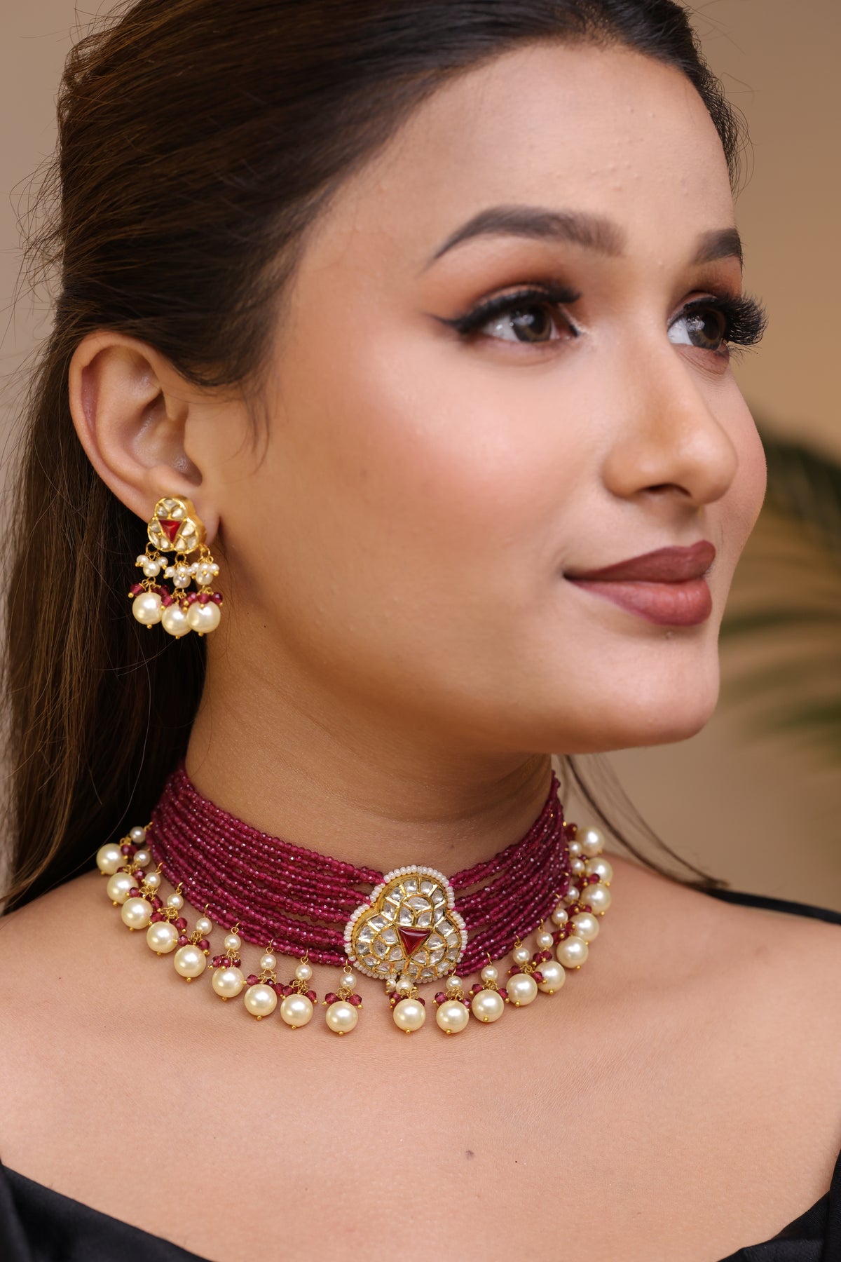 Ruby Pearl Natural Lab-Grown Diamond Polki Choker Set