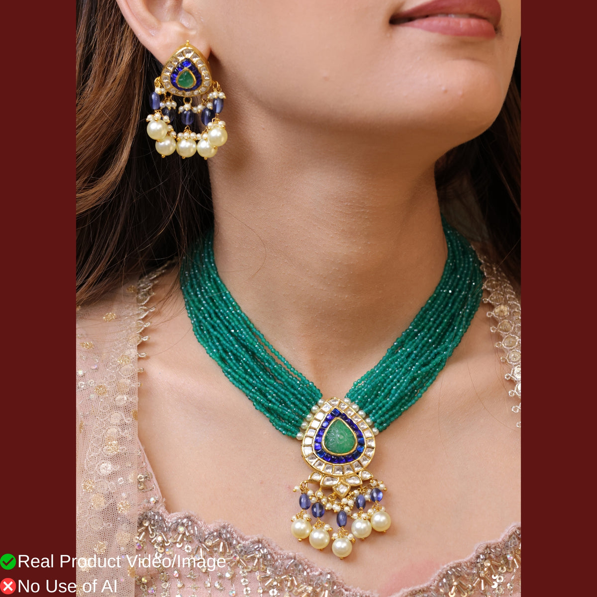 Neelpanna Natural Diamond Polki Green Bead Choker Set With Blue Enamel & Pearl Drops in 18K Gold