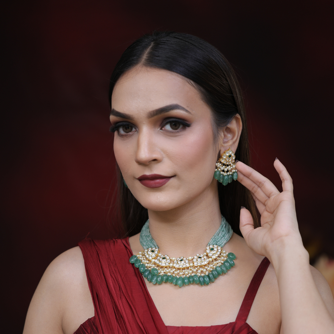 IGI Certified Natural Diamond Polki Green Bead Choker Set