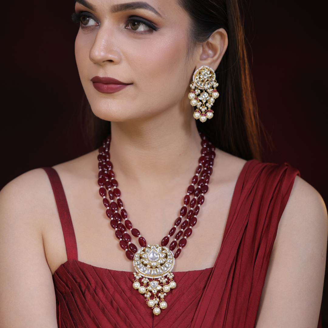 IGI Certified Natural Diamond Polki Ruby Red Bead Long Haar Necklace Set in 18K HUID Hallmarked Gold