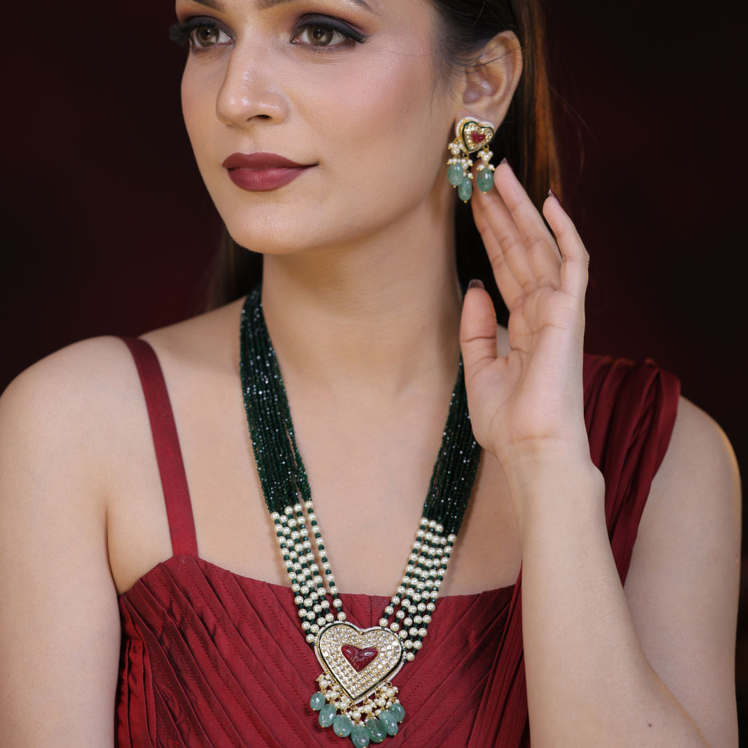 Hridaya Natural Diamond Polki Green Bead Necklace Set With Ruby Heart Motif & Pearl Drops in 18K Gold