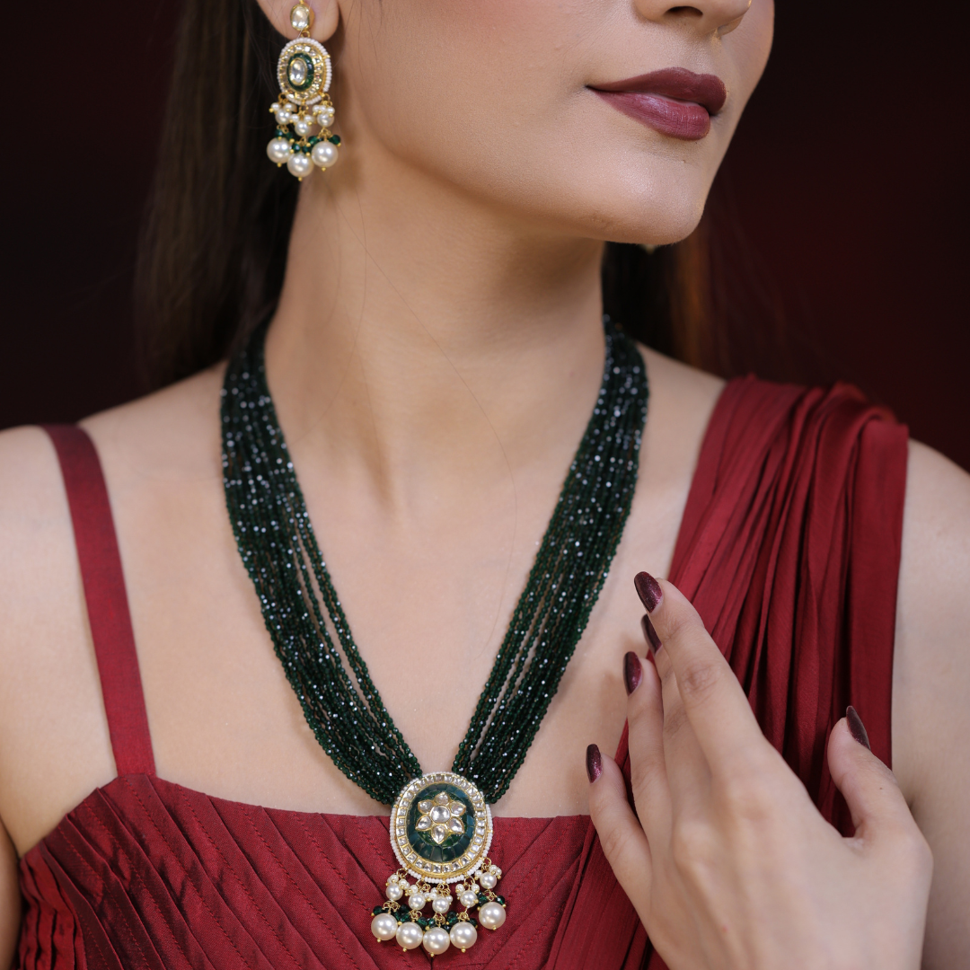 Pushpanjali Natural Diamond Polki Green Bead & Pearl Necklace Set in 18K Gold