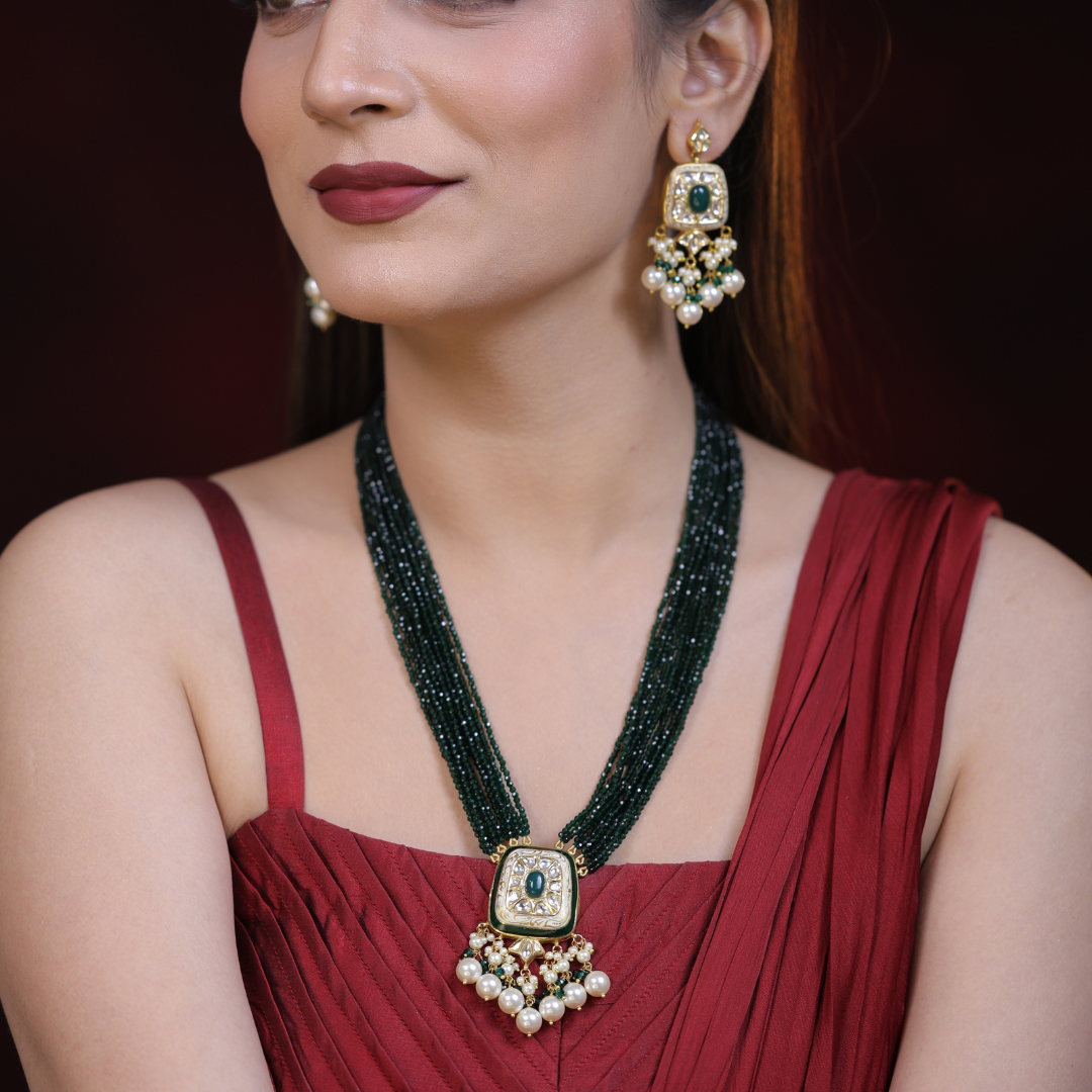 Rajkunj Natural Diamond Polki Green Bead & Pearl Necklace Set in 18K Gold