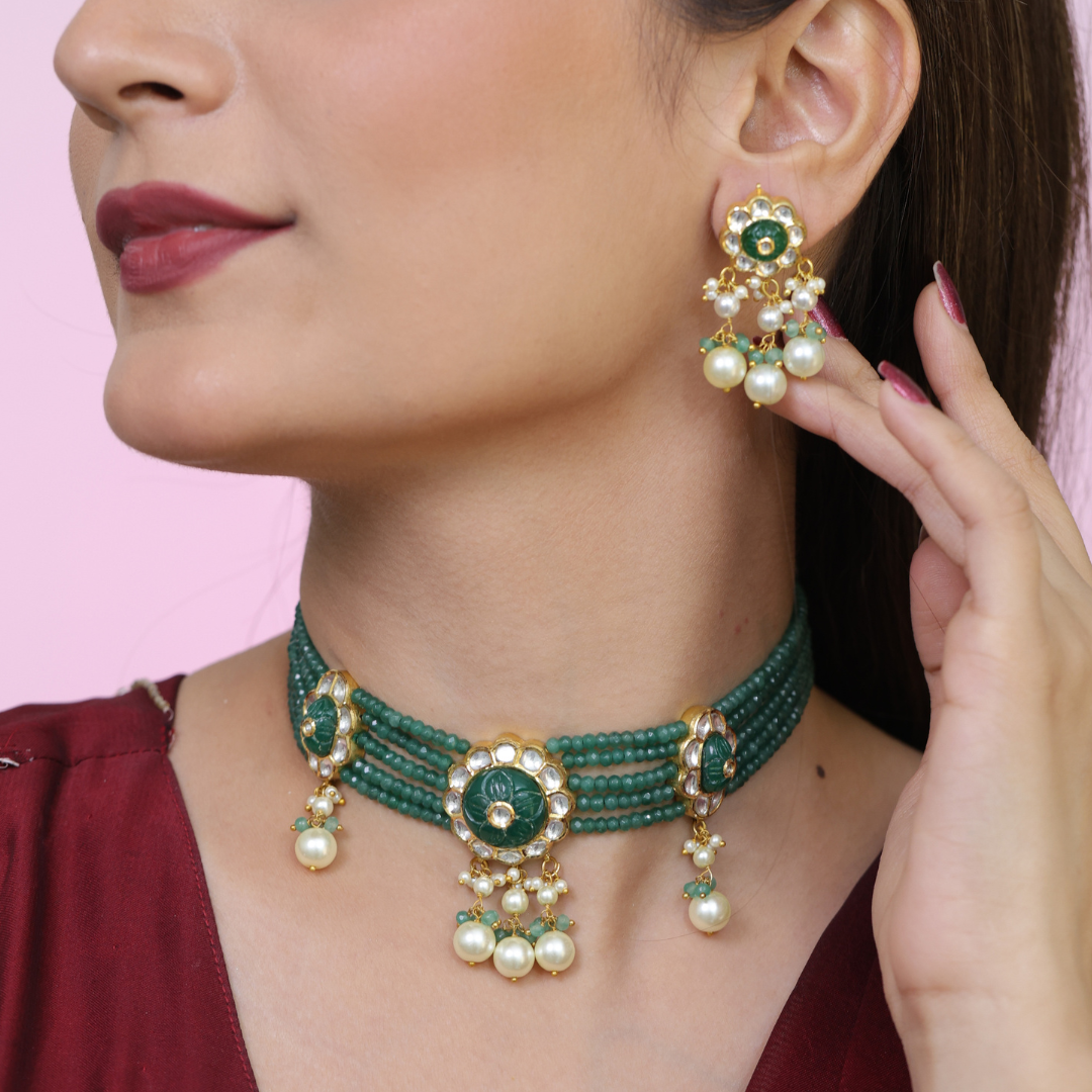 Emerald Bloom Natural Diamond Polki Choker Set