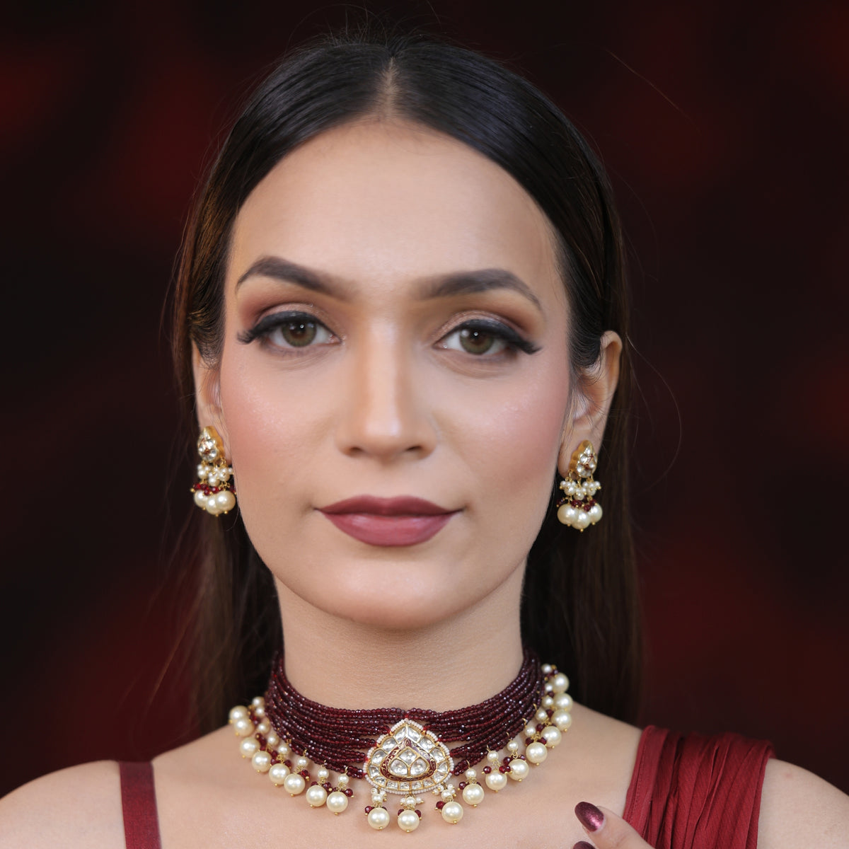 Raktime Natural Diamond Polki Burgundy Bead Choker Set With Pearl Drops in 18K Gold