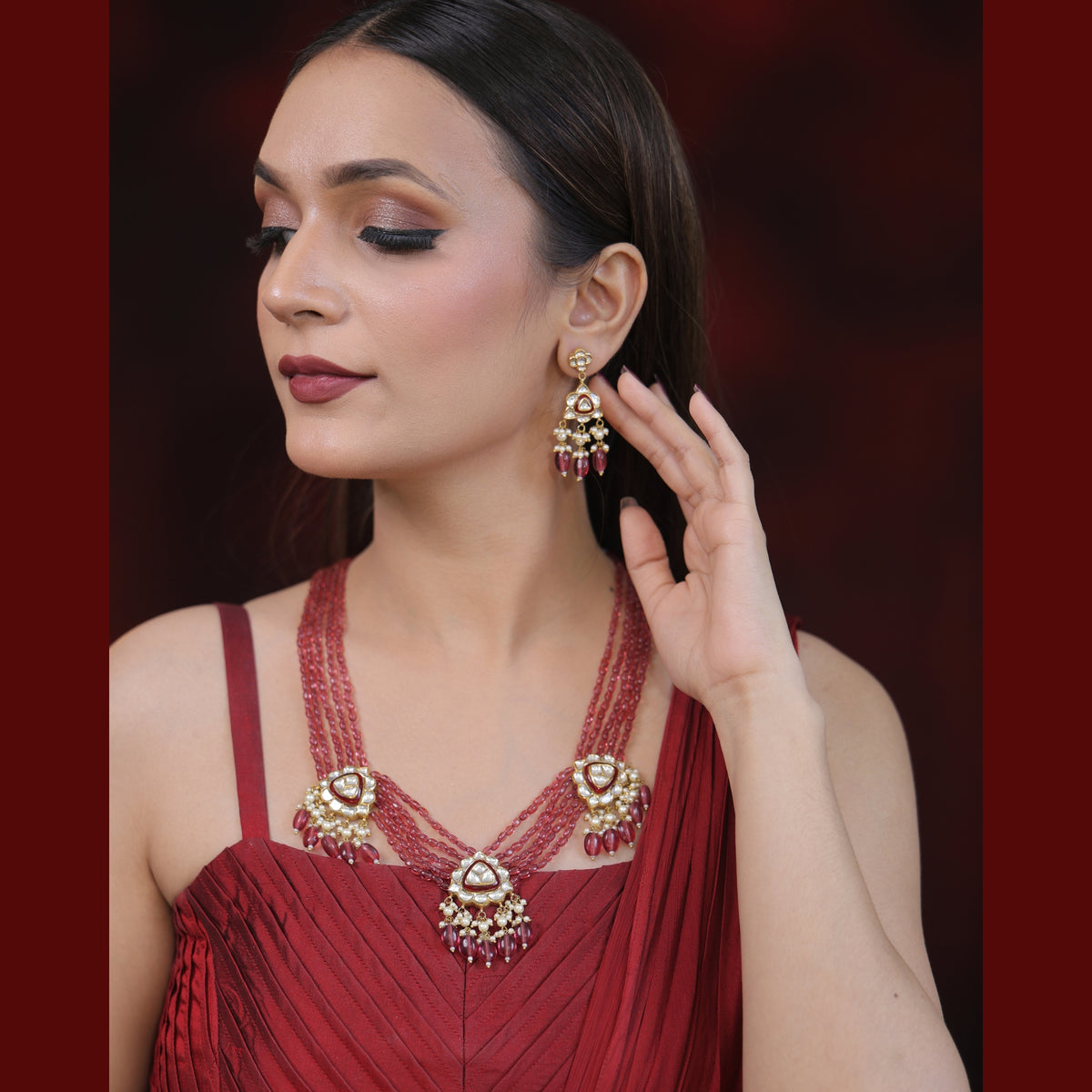 Gulnaar Natural Diamond Polki Wine Bead & Pearl Necklace Set in 18K Gold