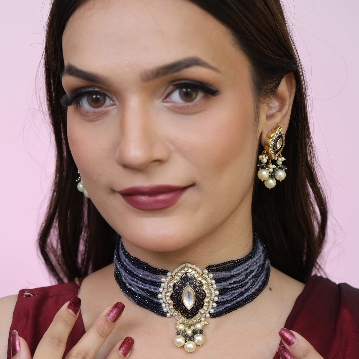 Nishkaala Natural Diamond Polki Blue Bead Choker Set With Antique Enamel & Pearl Drops in 18K Gold