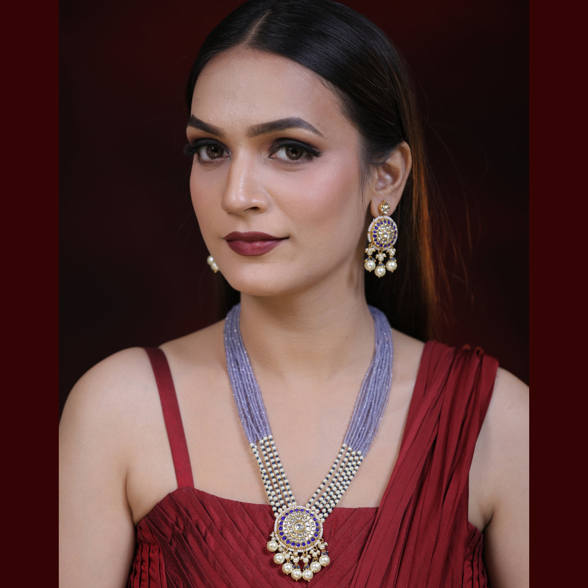 Neelambara Natural Diamond Polki Lavender Bead & Pearl Necklace Set in 18K Gold
