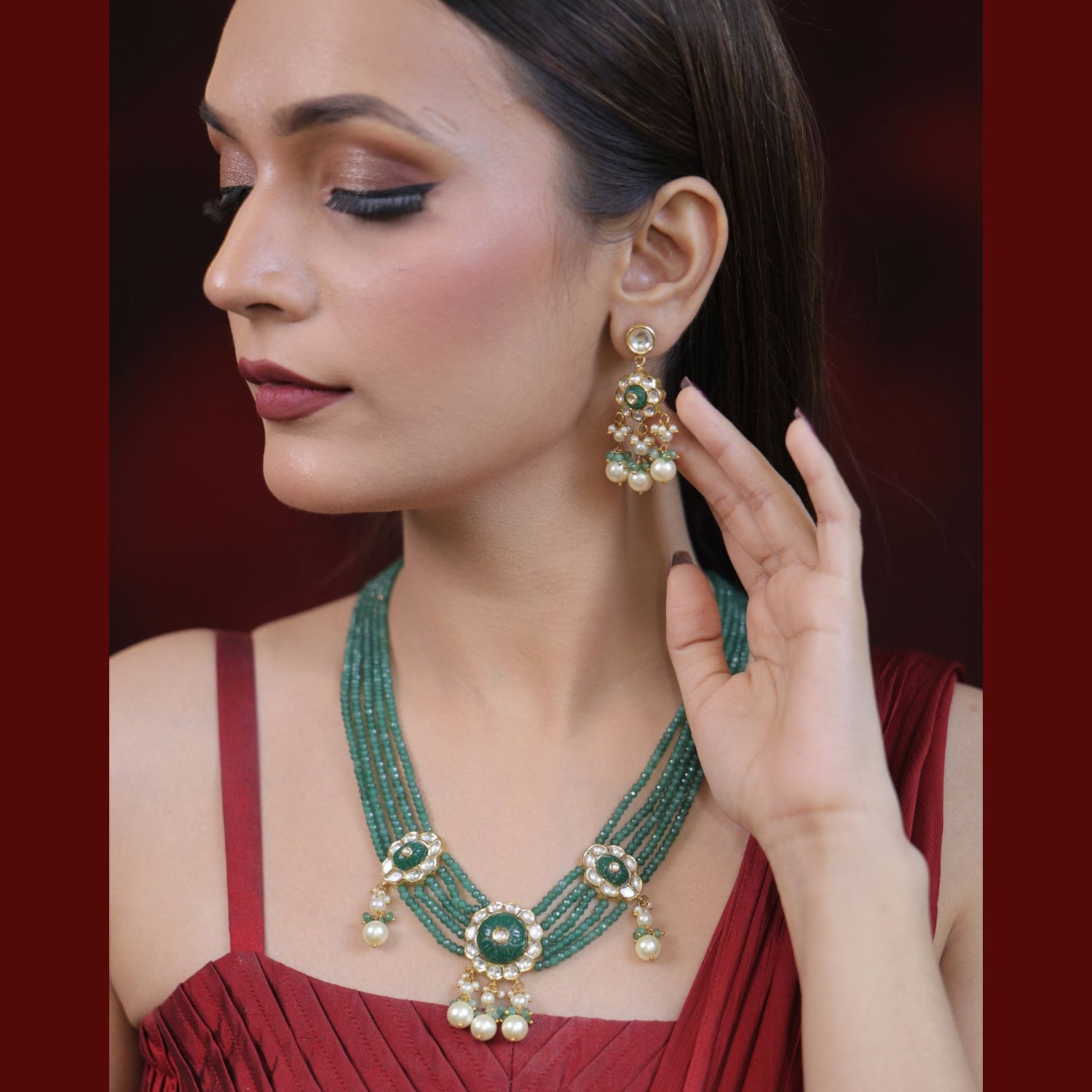 Pannika Natural Diamond Polki Green Bead & Pearl Necklace Set in 18K Gold