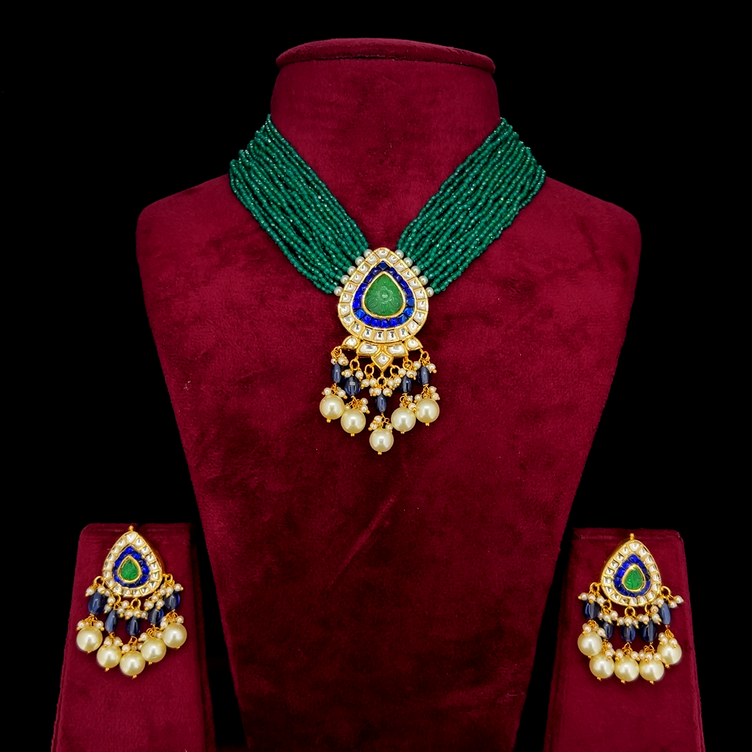 Neelpanna Natural Diamond Polki Green Bead Choker Set With Blue Enamel & Pearl Drops in 18K Gold