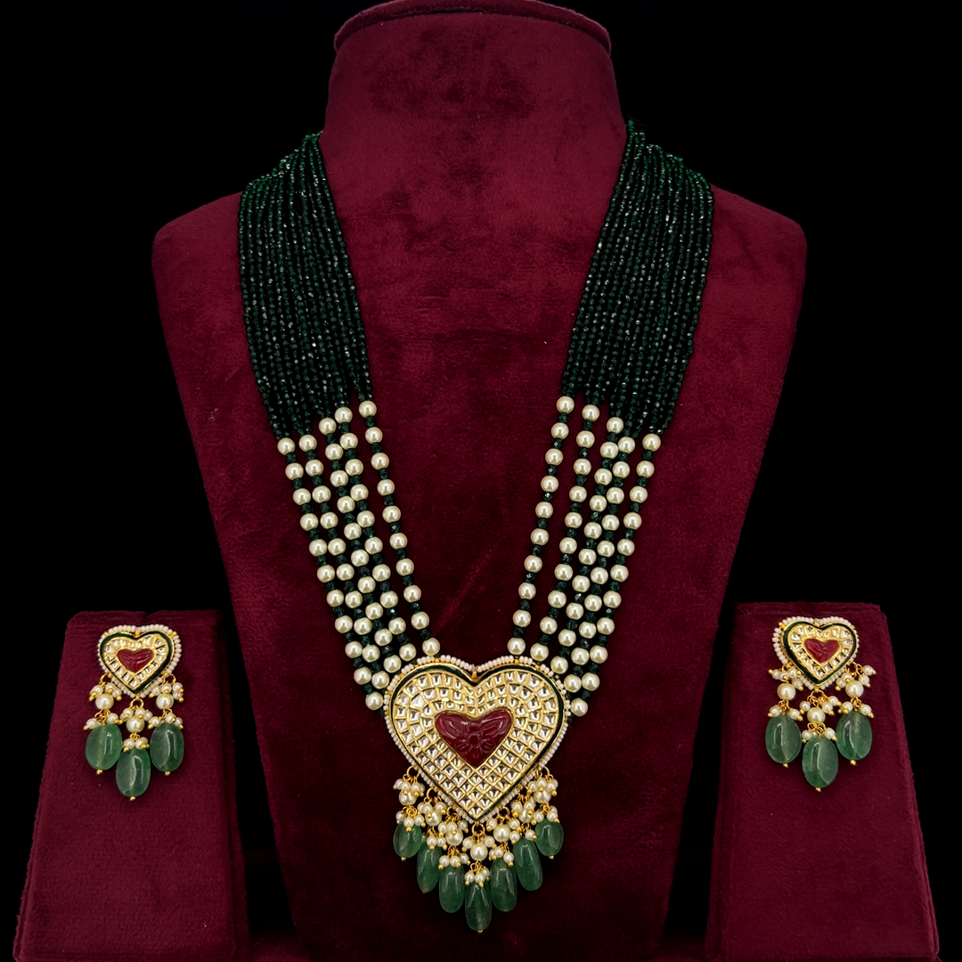 Hridaya Natural Diamond Polki Green Bead Necklace Set With Ruby Heart Motif & Pearl Drops in 18K Gold