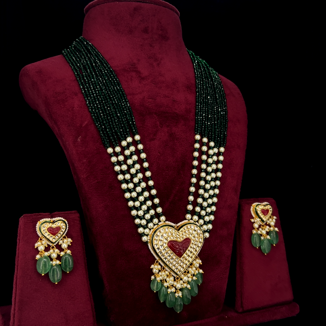 Hridaya Natural Diamond Polki Green Bead Necklace Set With Ruby Heart Motif & Pearl Drops in 18K Gold