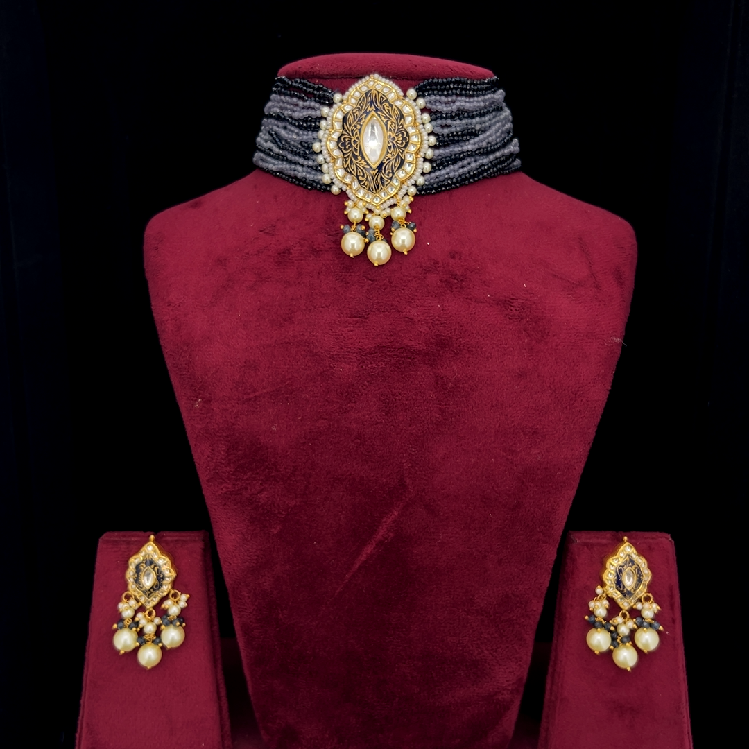 Nishkaala Natural Diamond Polki Blue Bead Choker Set With Antique Enamel & Pearl Drops in 18K Gold