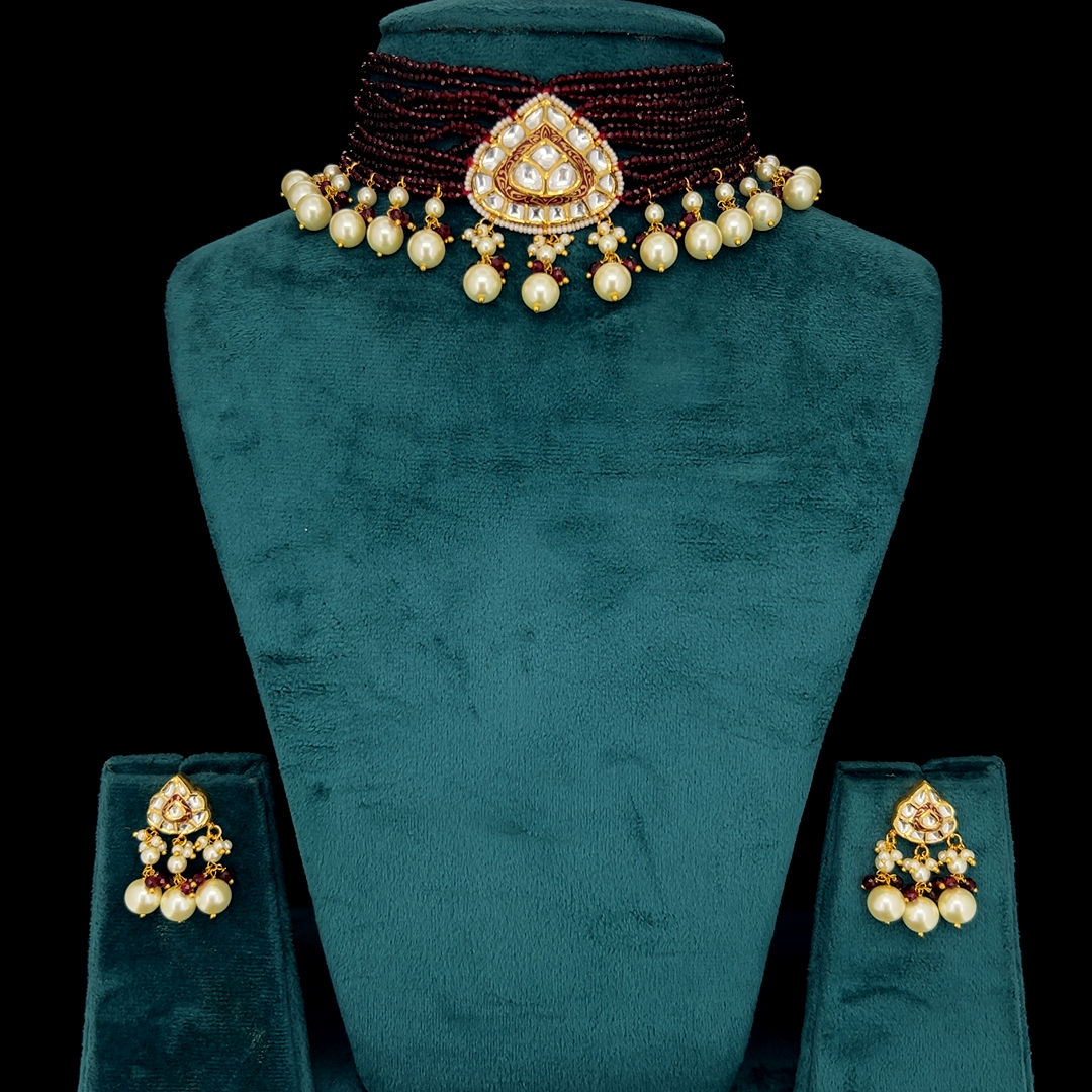 Raktime Natural Diamond Polki Burgundy Bead Choker Set With Pearl Drops in 18K Gold