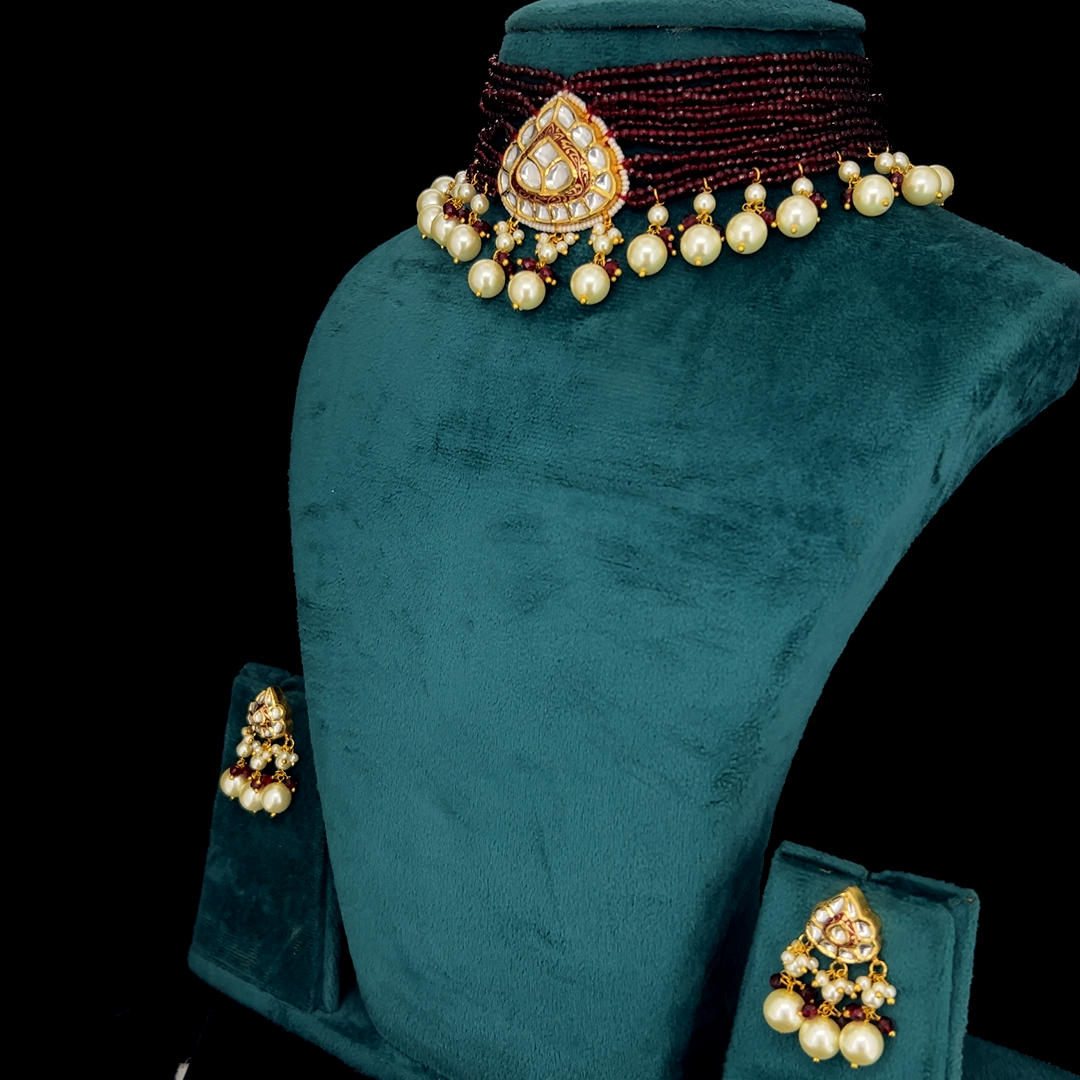 Raktime Natural Diamond Polki Burgundy Bead Choker Set With Pearl Drops in 18K Gold