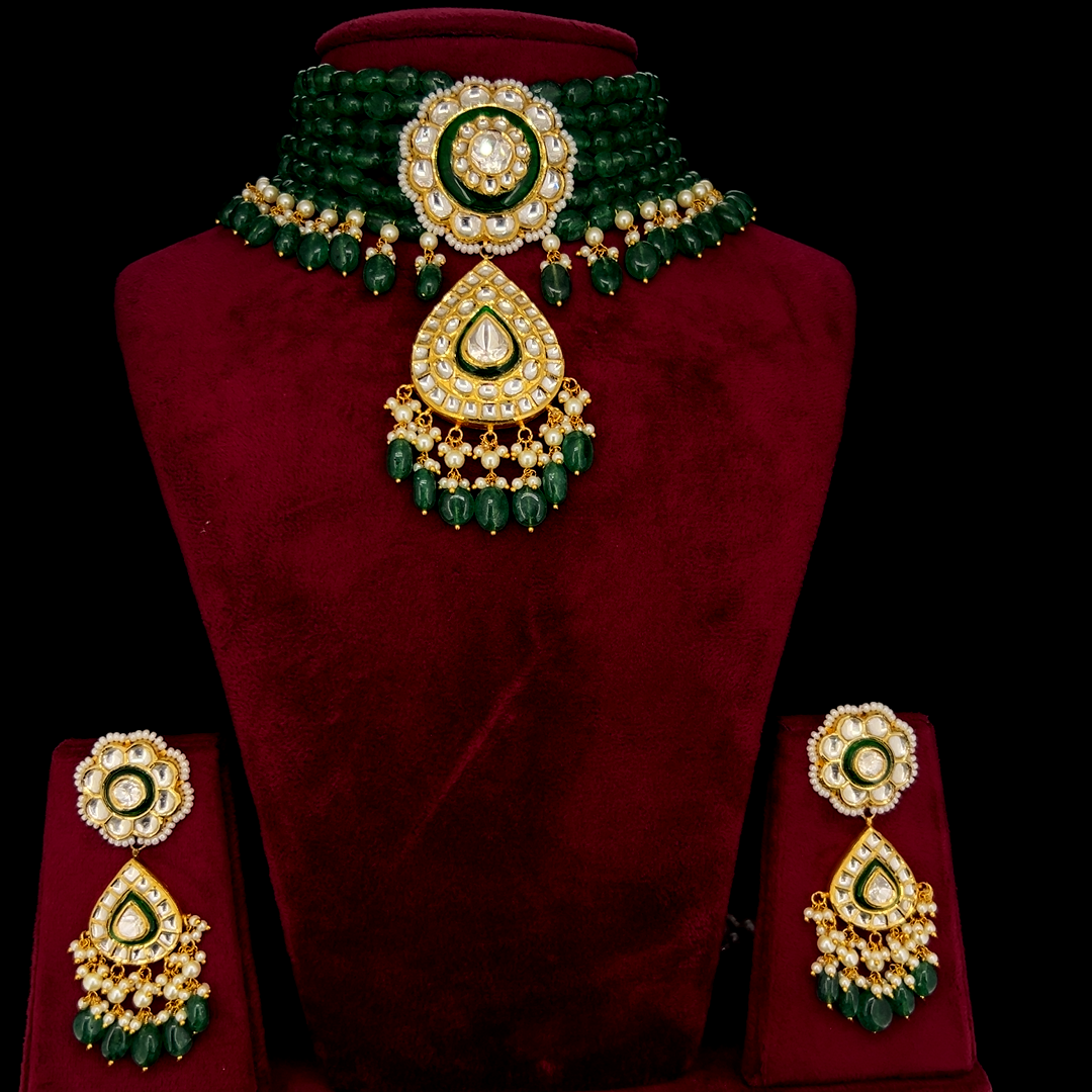 Marakini Natural Diamond Polki Emerald Bead Choker Set With Pearl Emerald Drops in 18K Gold