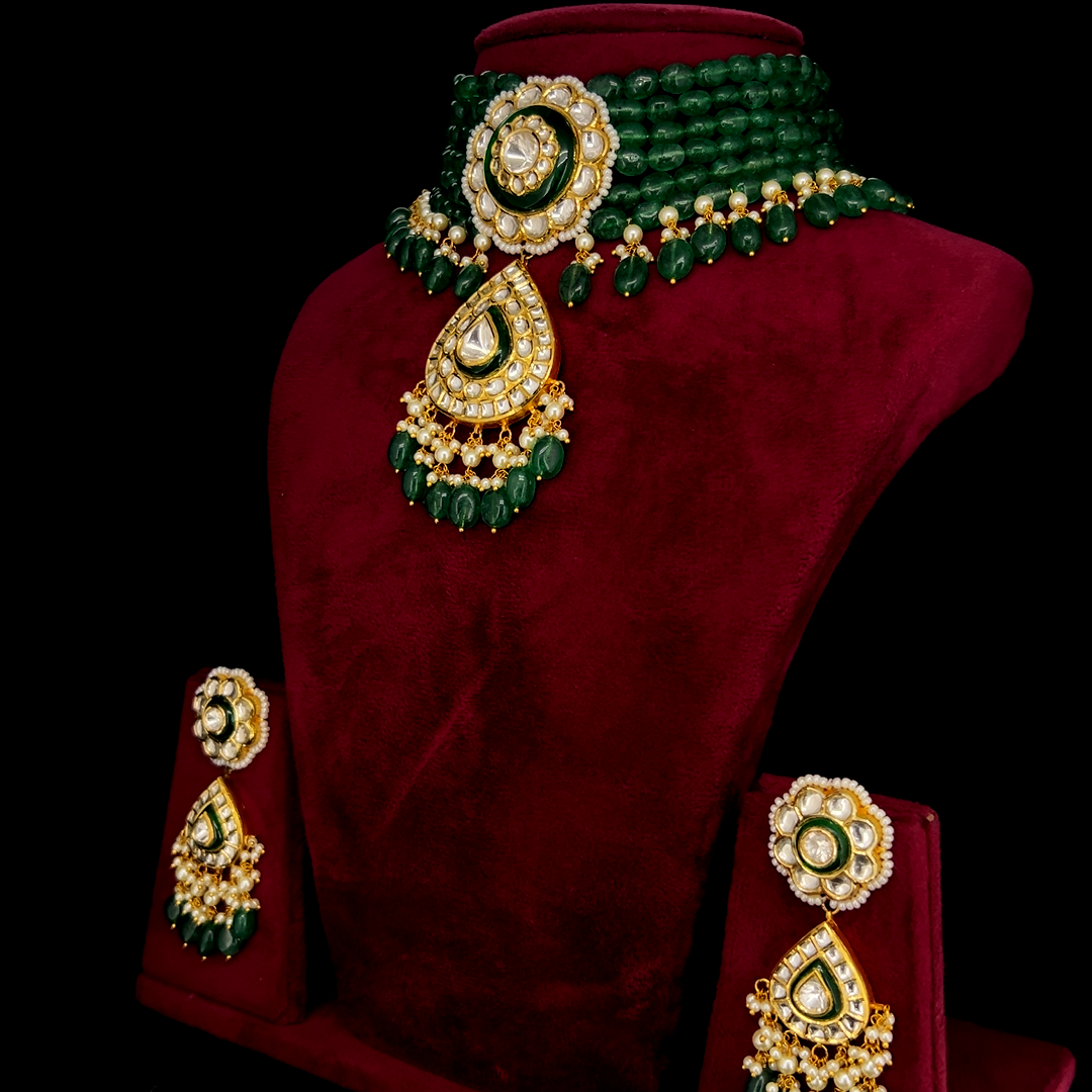 Marakini Natural Diamond Polki Emerald Bead Choker Set With Pearl Emerald Drops in 18K Gold