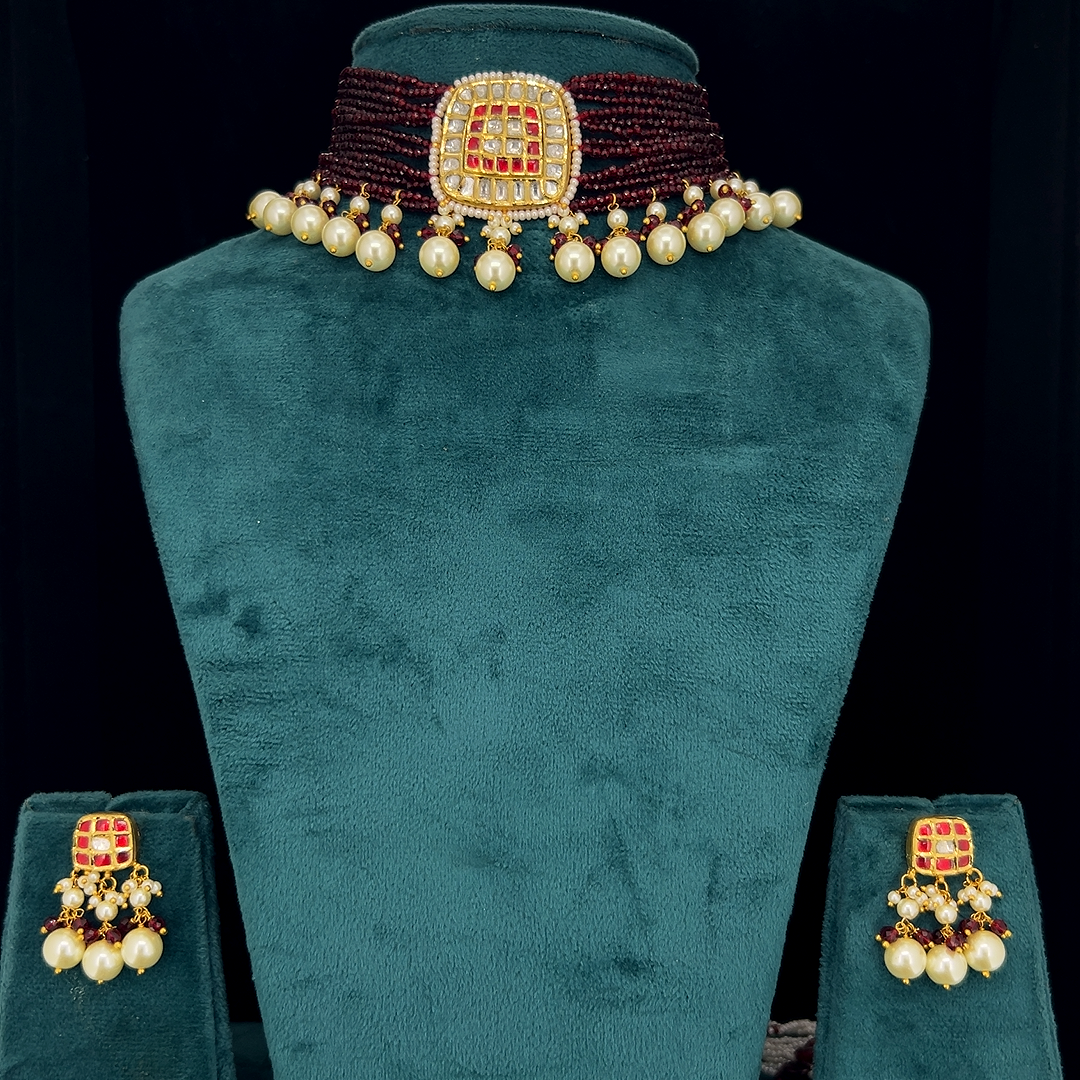 Wine Pearl Polki Set