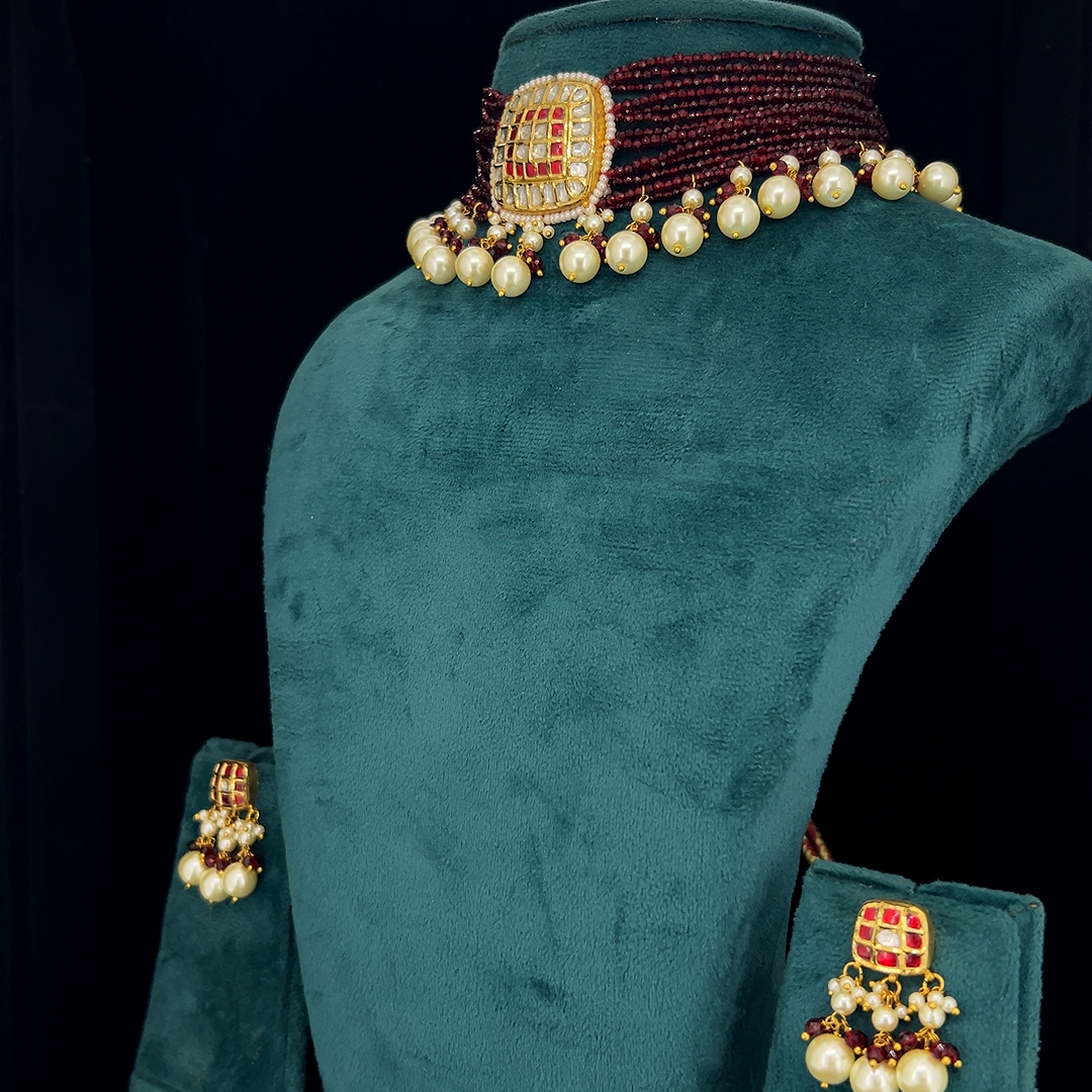 Wine Pearl Polki Set
