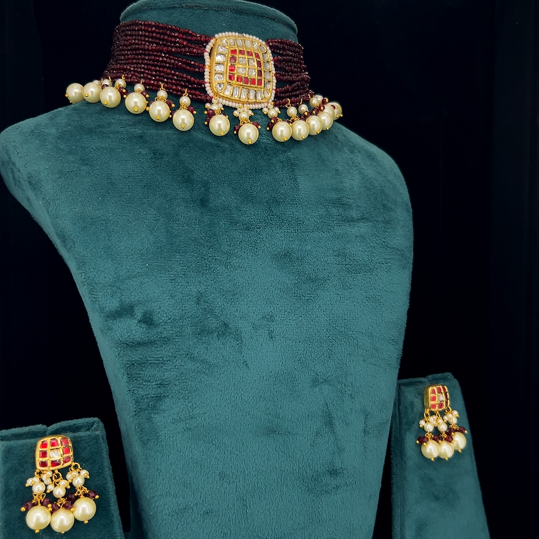 Wine Pearl Polki Set
