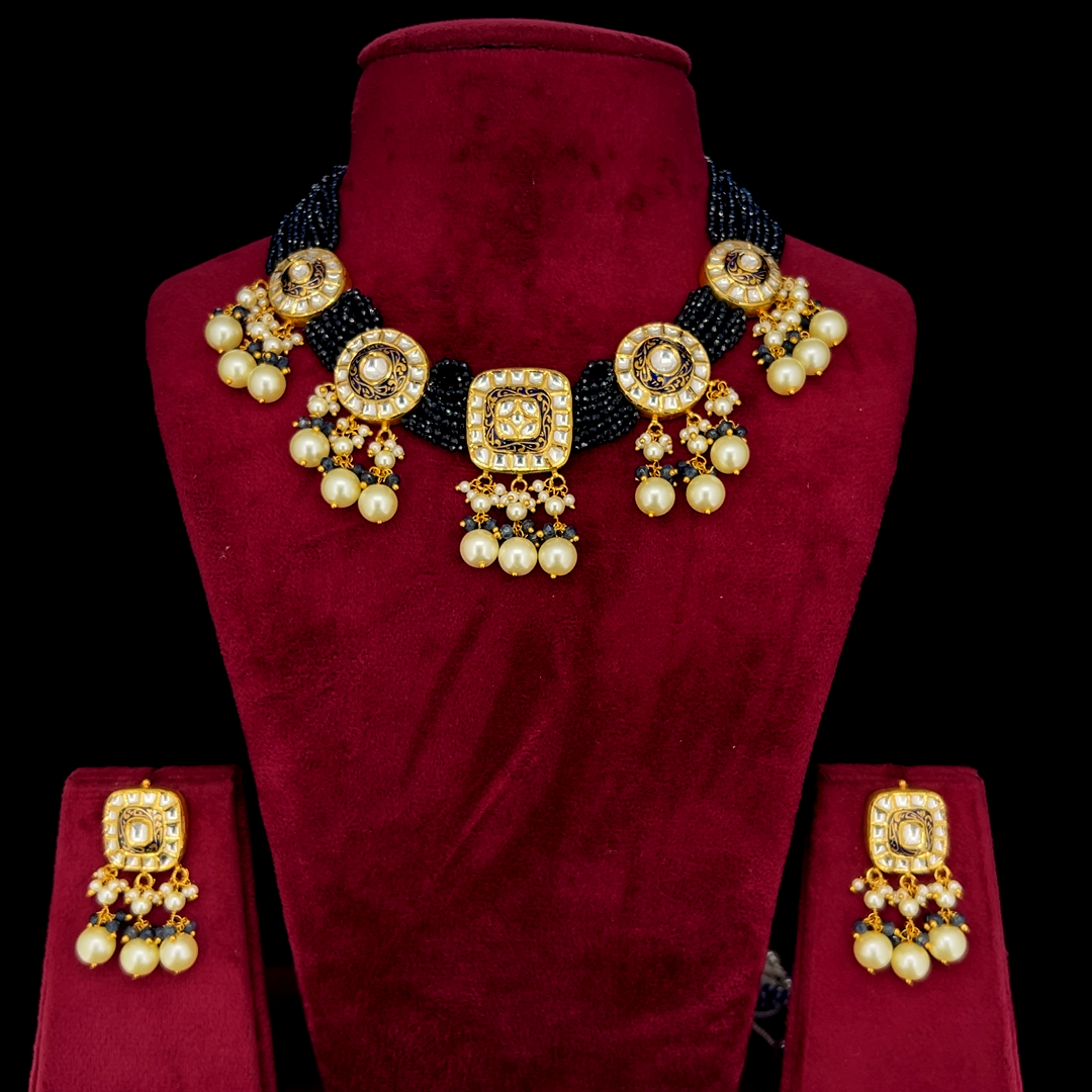 Shyamtara Natural Diamond Polki Blue Bead Statement Necklace Set With Pearl Drops in 18K Gold
