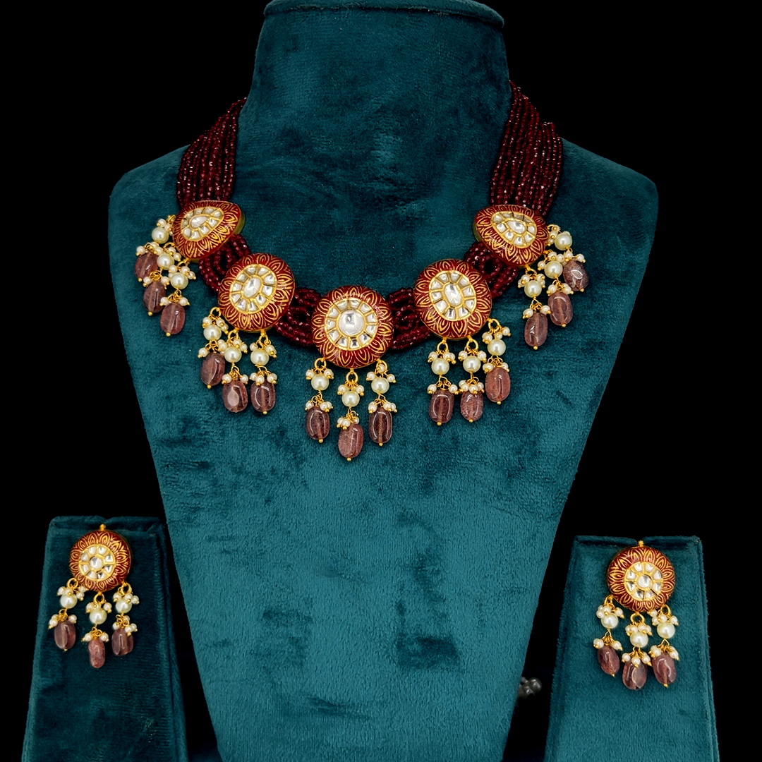 Rangmahal Natural Diamond Polki Burgundy Bead Statement Necklace Set With Pearl & Ruby Bead Drops in 18K Gold