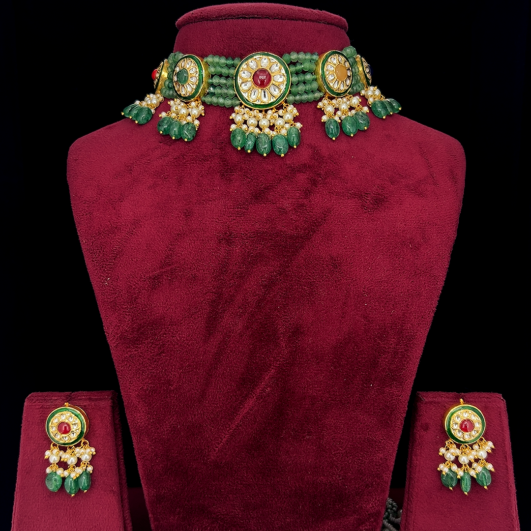 Natural Diamond Polki Emerald Bead Choker Necklace Set in 18K Hallmarked Gold