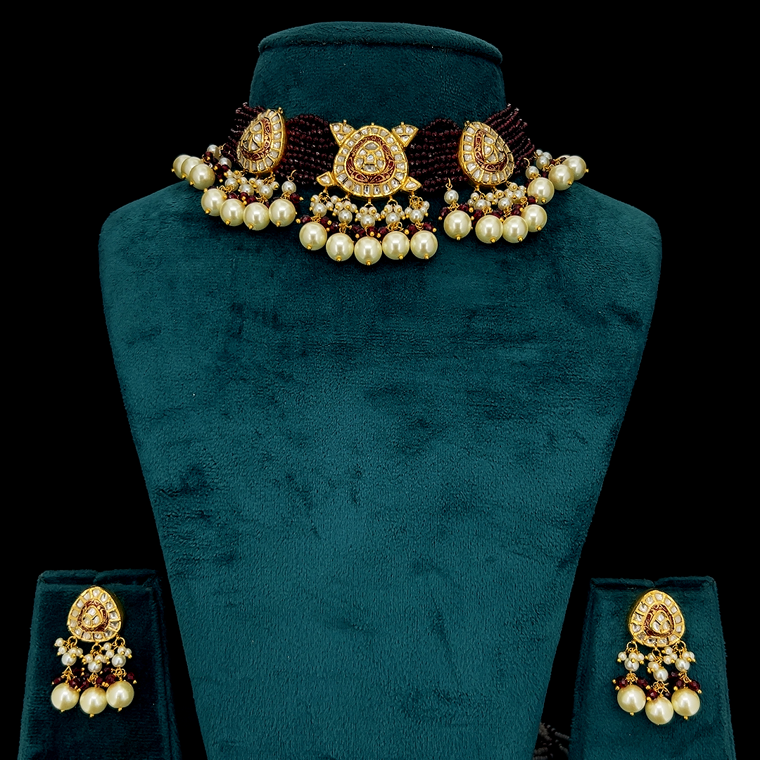 Wine Pearl Polki Set