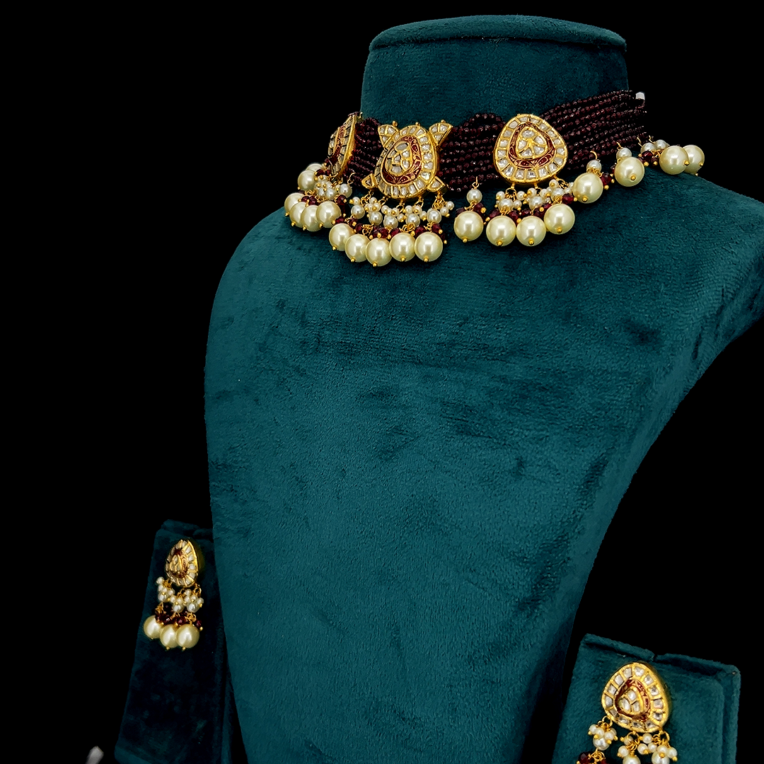 Wine Pearl Polki Set