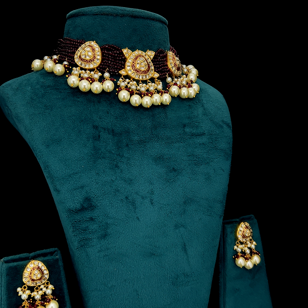 Wine Pearl Polki Set