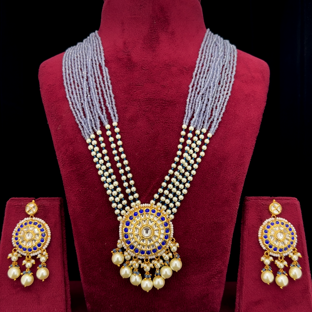 Neelambara Natural Diamond Polki Lavender Bead & Pearl Necklace Set in 18K Gold