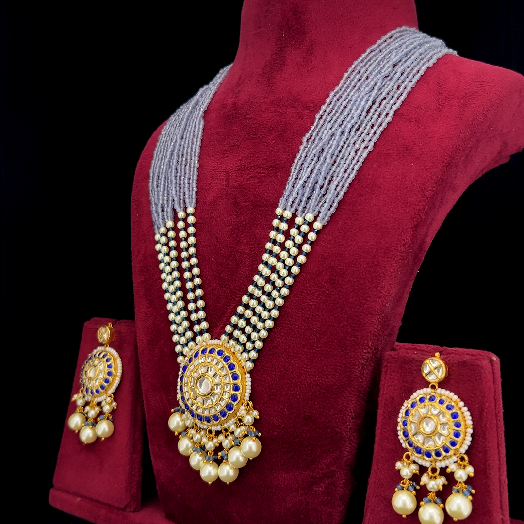 Neelambara Natural Diamond Polki Lavender Bead & Pearl Necklace Set in 18K Gold