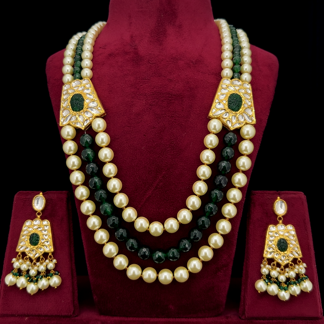 Gulbahar Natural Diamond Polki Pearl & Green Bead Necklace Set in 18K Gold