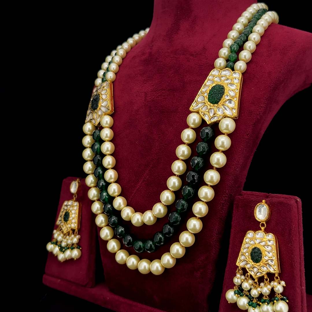 Gulbahar Natural Diamond Polki Pearl & Green Bead Necklace Set in 18K Gold