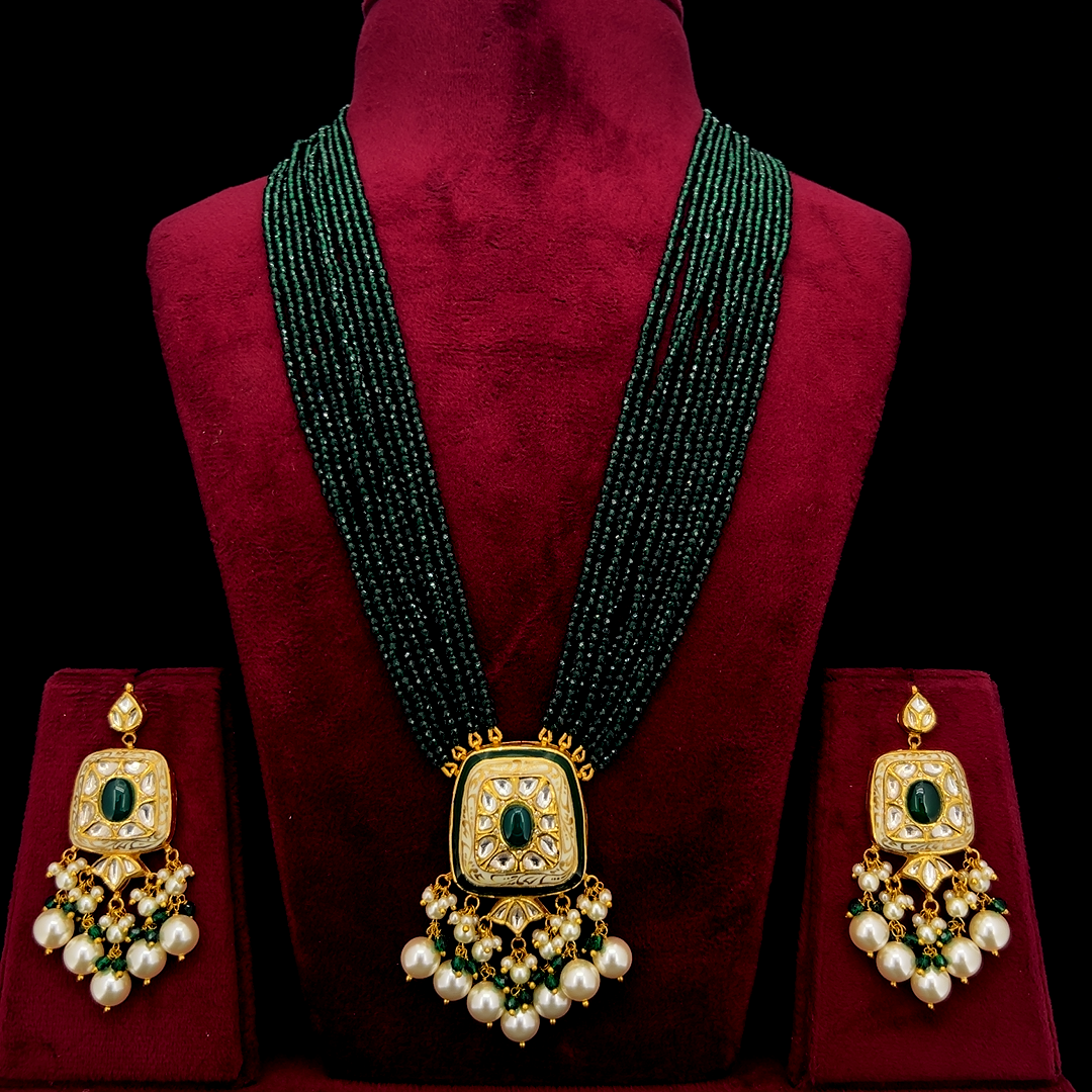 Rajkunj Natural Diamond Polki Green Bead & Pearl Necklace Set in 18K Gold