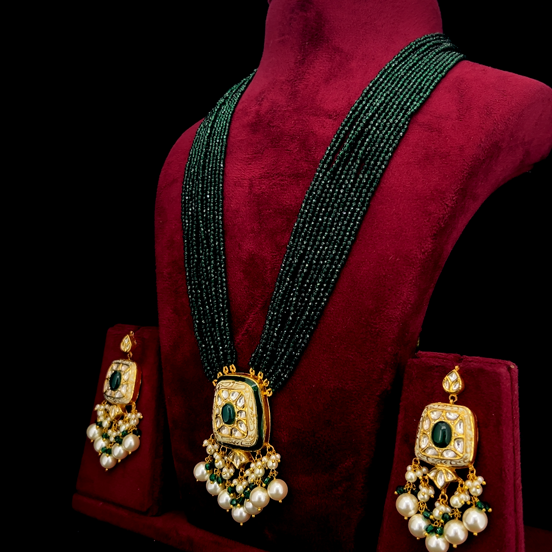Rajkunj Natural Diamond Polki Green Bead & Pearl Necklace Set in 18K Gold