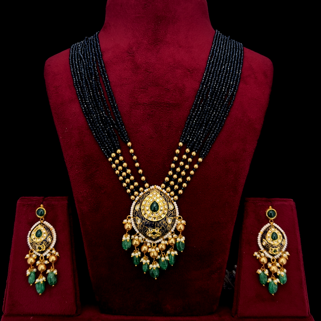 Shyamratna Natural Diamond Polki Blue Bead & Emerald Drop Necklace Set in 18K Gold
