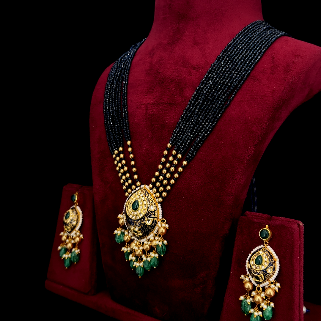 Shyamratna Natural Diamond Polki Blue Bead & Emerald Drop Necklace Set in 18K Gold