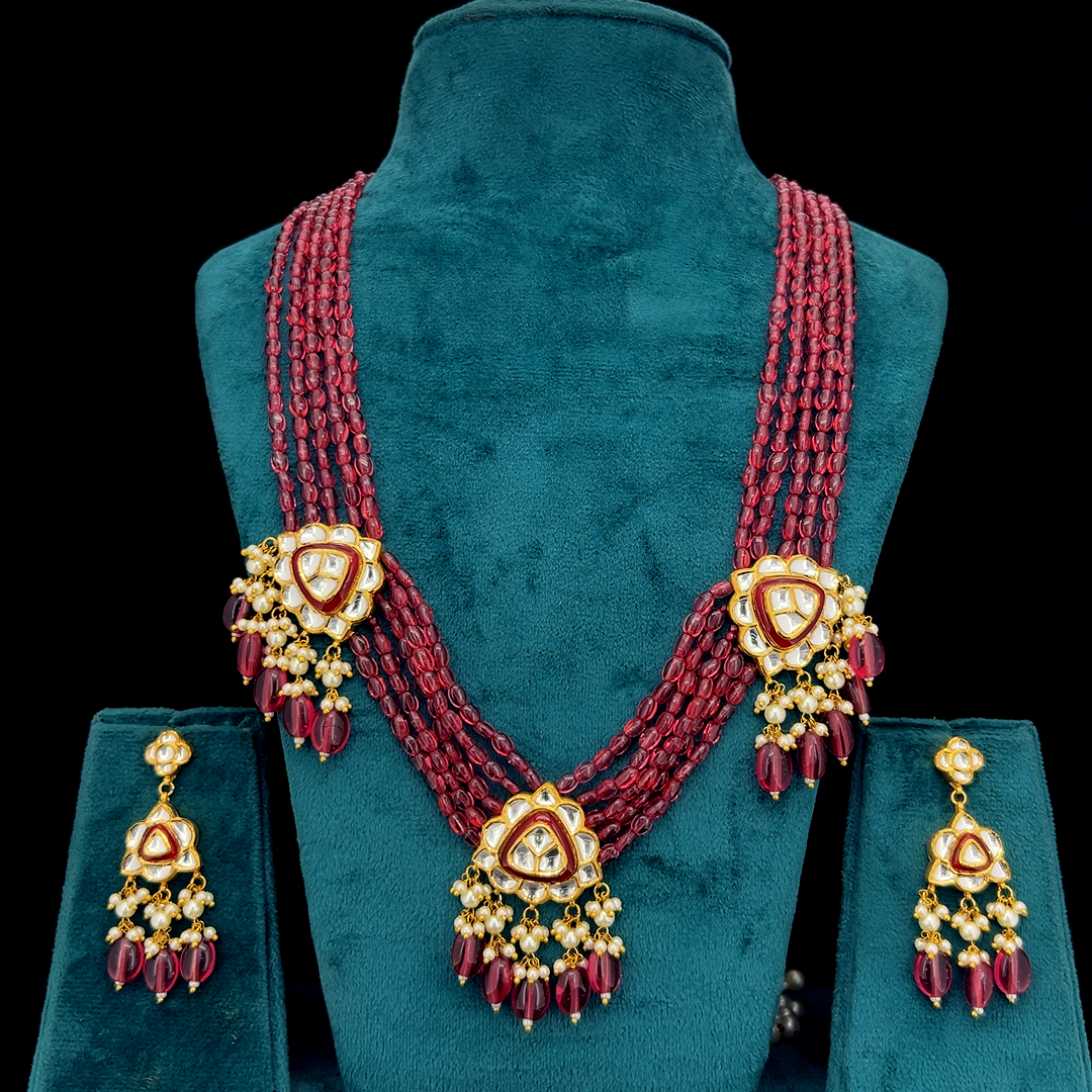 Gulnaar Natural Diamond Polki Wine Bead & Pearl Necklace Set in 18K Gold