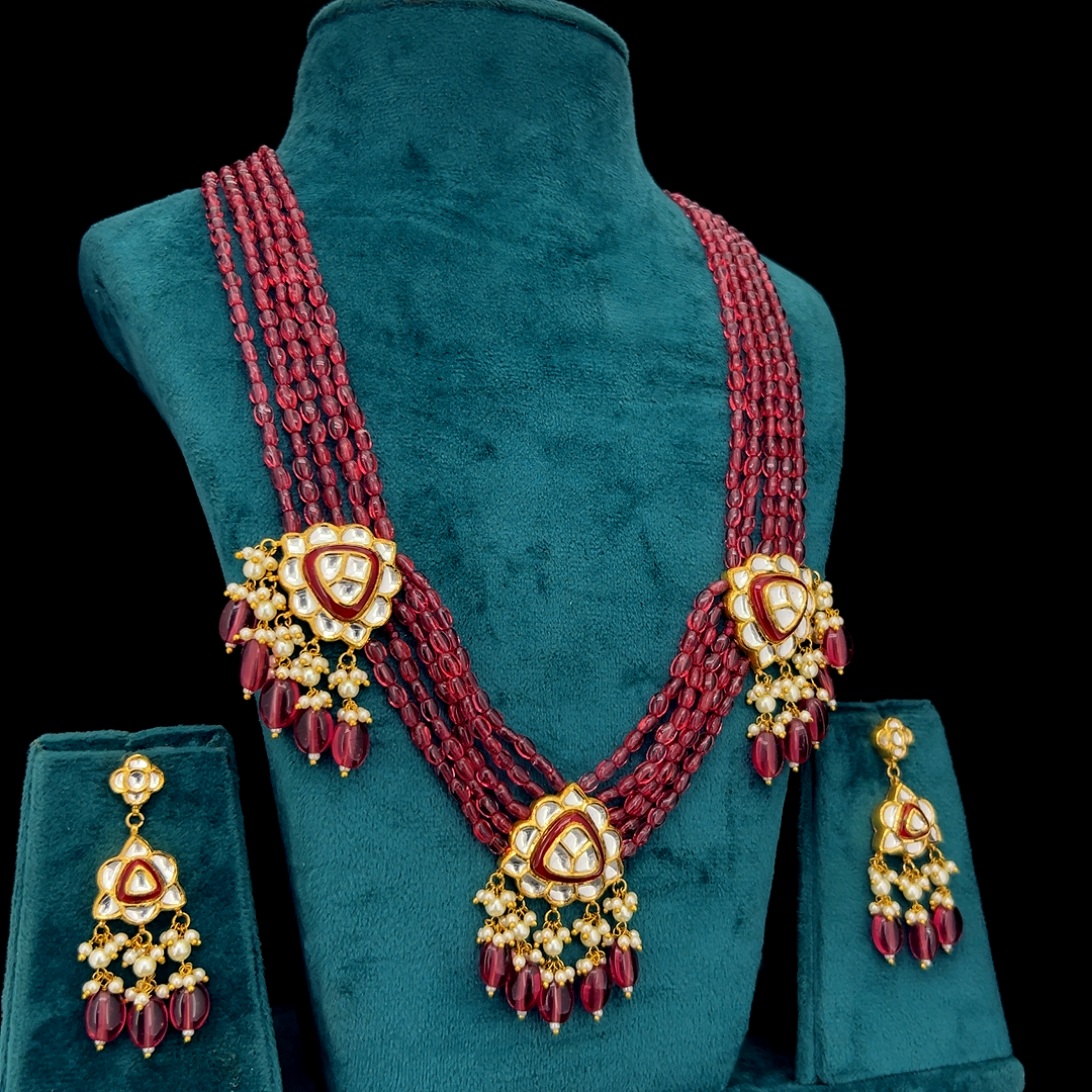 Gulnaar Natural Diamond Polki Wine Bead & Pearl Necklace Set in 18K Gold