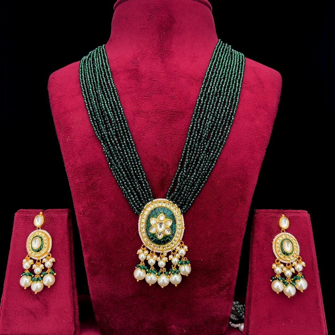 Pushpanjali Natural Diamond Polki Green Bead & Pearl Necklace Set in 18K Gold