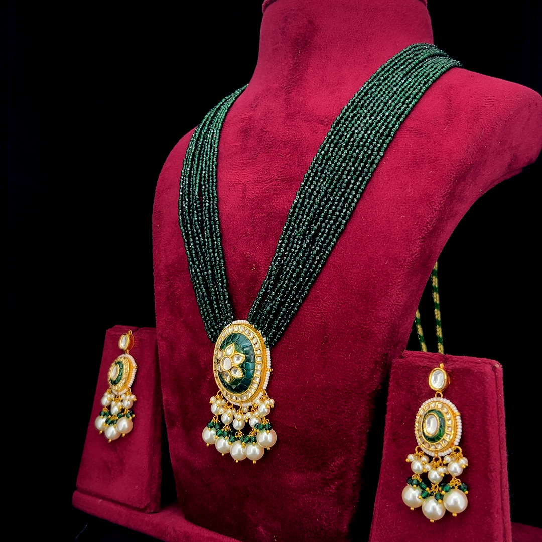 Pushpanjali Natural Diamond Polki Green Bead & Pearl Necklace Set in 18K Gold