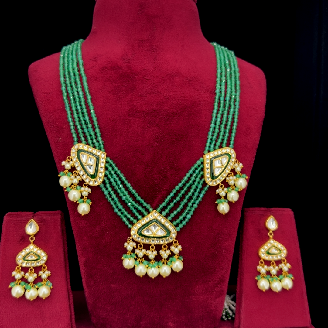 Panna Natural Diamond Polki Green Bead & Pearl Necklace Set in 18K Gold